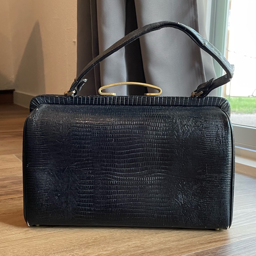 Vintage Lizard Leather Black Handbag Purse. - Picture 2 of 13